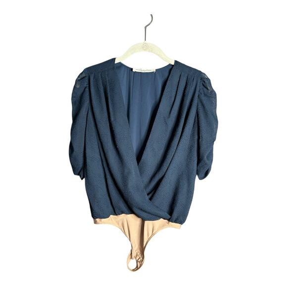 Amanda Uprichard Navy Blue Wrap and Puff Sleeve Bodysuit Size XS - Picture 1 of 7
